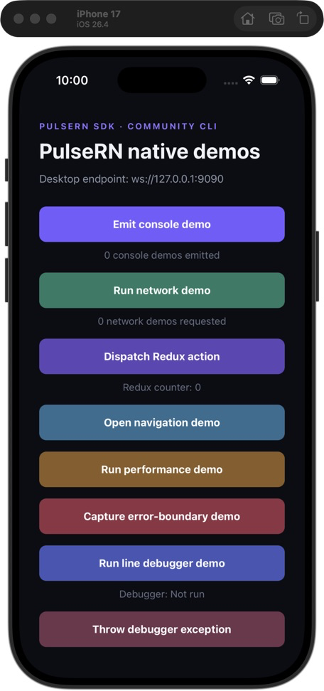 PulseRN React Native example app connection screen